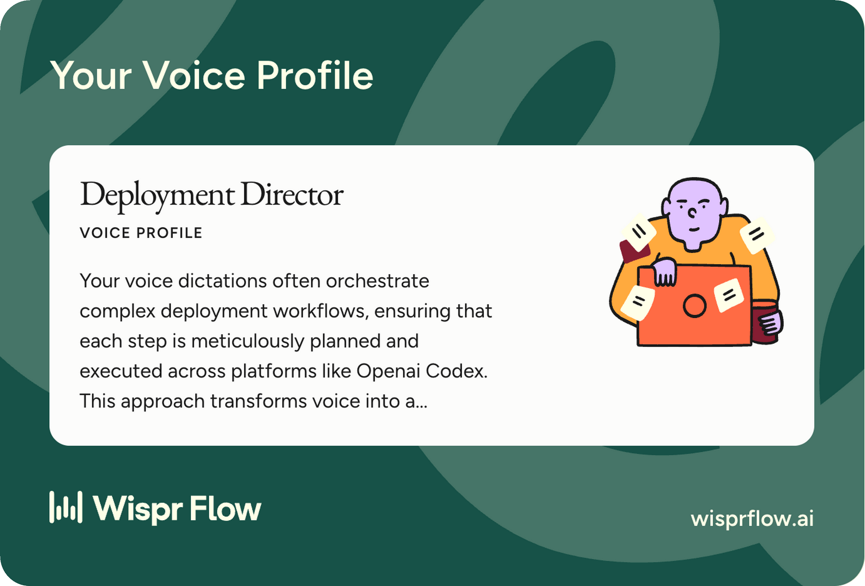 Wispr Flow’s voice profile naming me a Deployment Director and describing spoken orchestration of deployment work with OpenAI Codex.