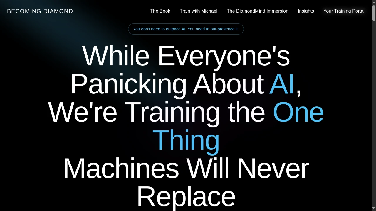 Becoming Diamond homepage in black, white and blue, with navigation to the book, training and member portal.