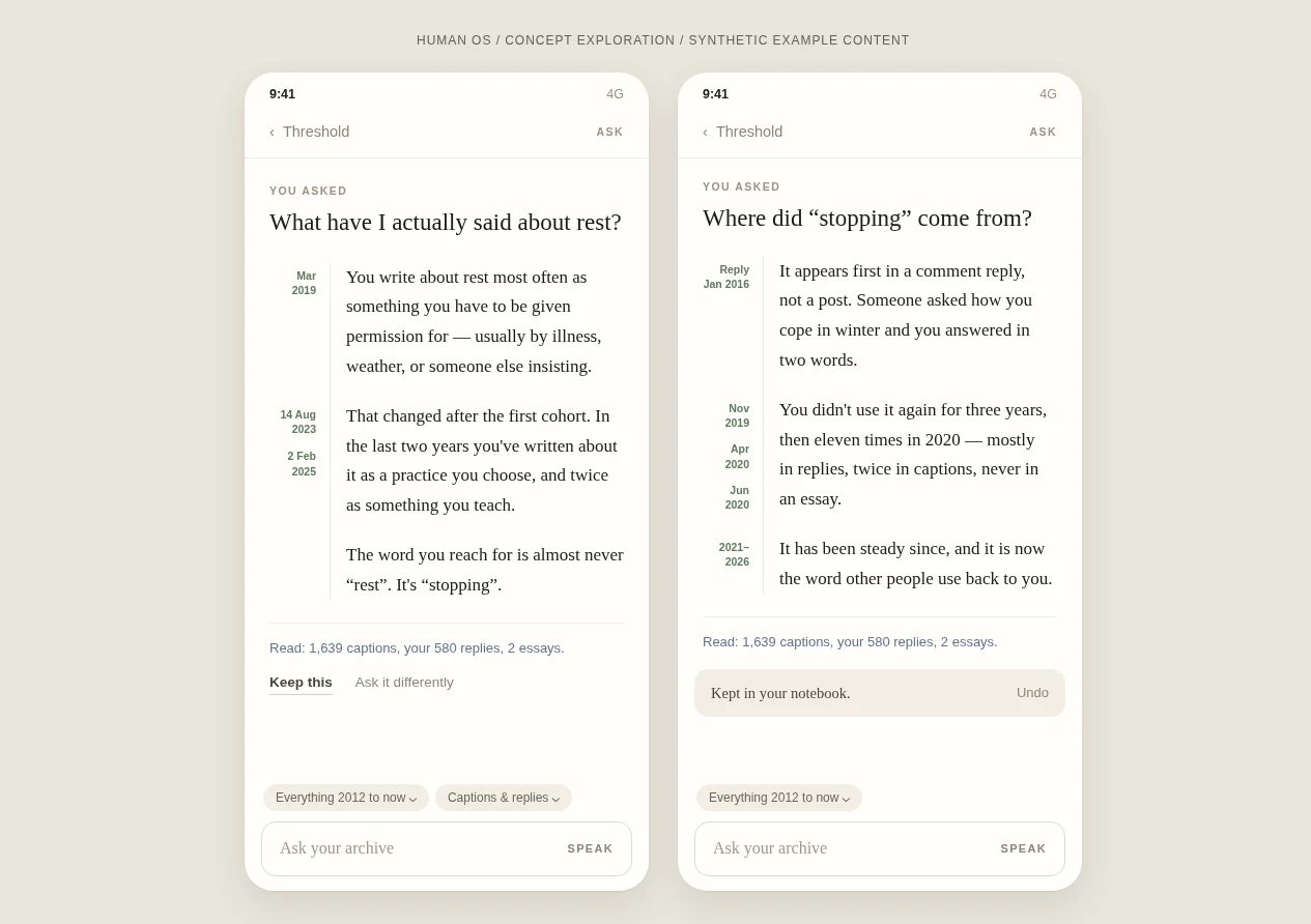 Two Ask concept screens with dates in the margin connecting each answer to archive sources.