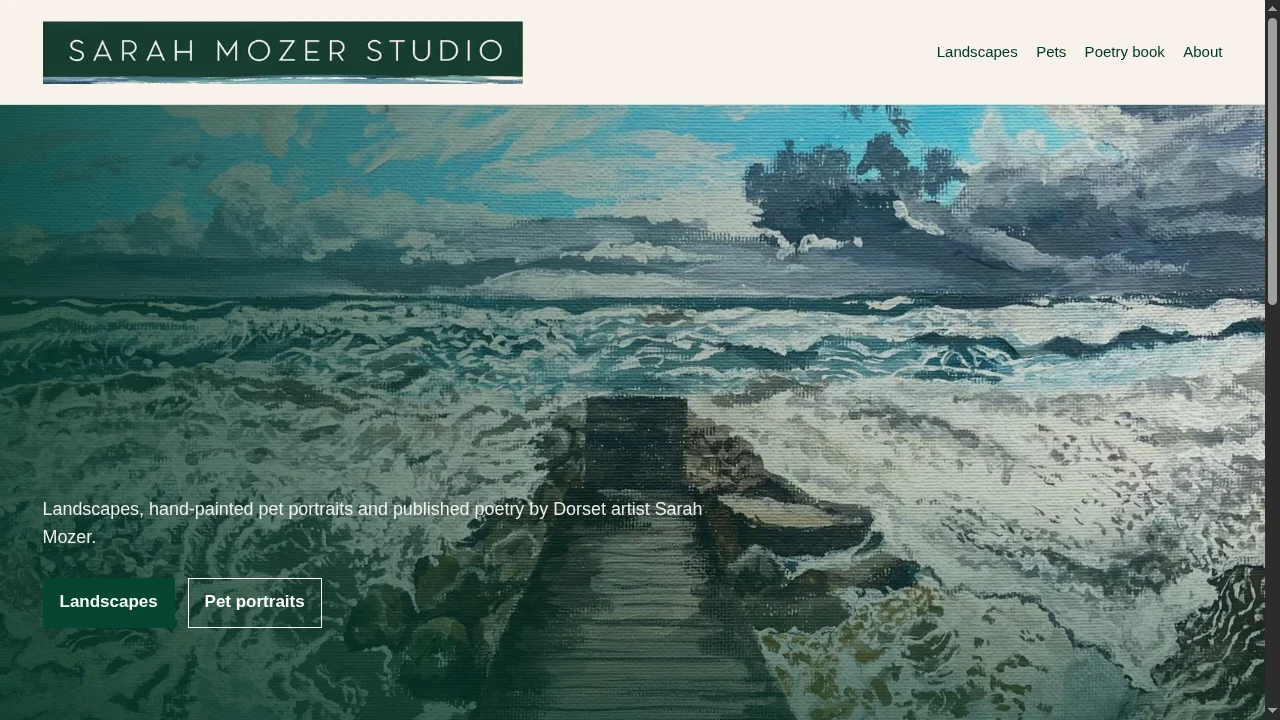 Sarah Mozer Studio homepage with a large coastal painting and links to landscapes and pet portraits.